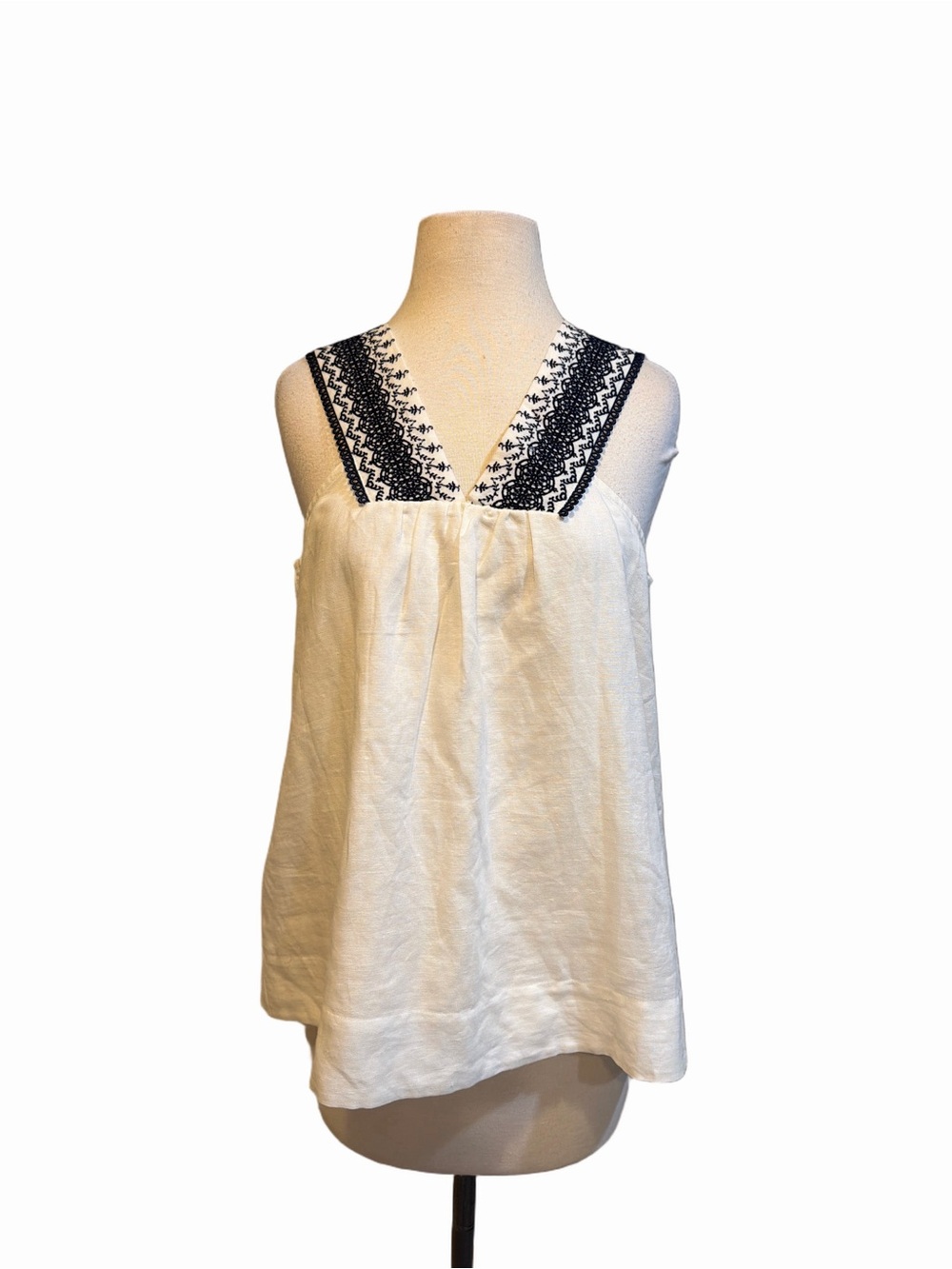 J Crew Women's Cream Sleeveless Embroidered V-Neck Top